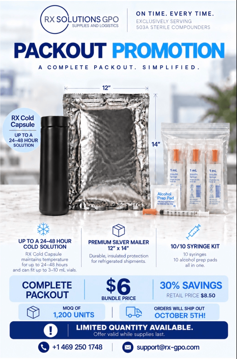 Winter Packout Promotion flyer: RX Cold Capsule, premium silver mailer and 10/10 syringe kit bundle